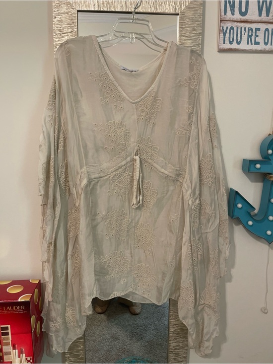 Tempo Paris Tops - Tempo Paris Cream Boho Embroidered Tie-Front Tunic